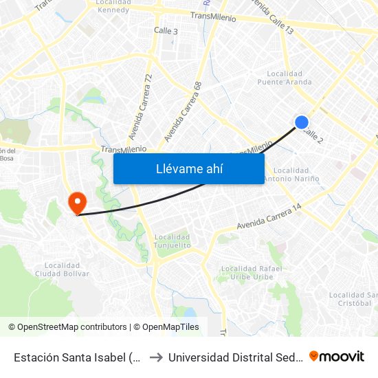 Estación Santa Isabel (Av. NQS - Cl 2) to Universidad Distrital Sede Tecnológica map