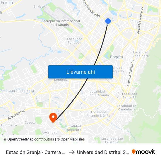 Estación Granja - Carrera 77 (Ac 80 - Tv 76d) to Universidad Distrital Sede Tecnológica map