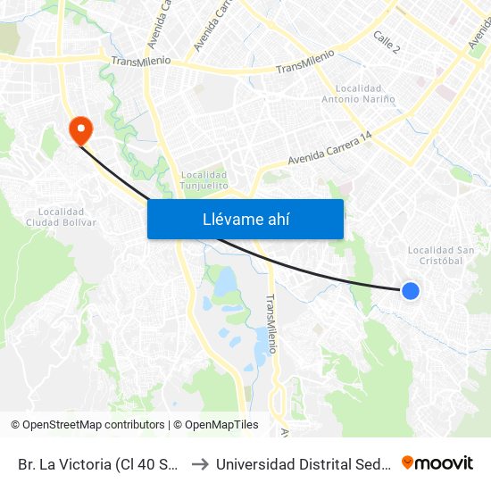 Br. La Victoria (Cl 40 Sur - Kr 3 Este) to Universidad Distrital Sede Tecnológica map