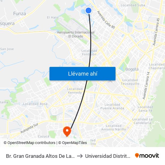 Br. Gran Granada Altos De La Sabana (Tv 123a - Dg 77b) to Universidad Distrital Sede Tecnológica map