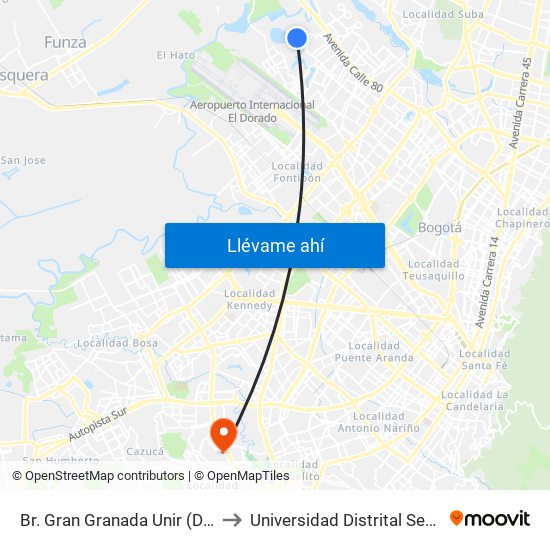 Br. Gran Granada Unir (Dg 77 - Tv 120a) to Universidad Distrital Sede Tecnológica map