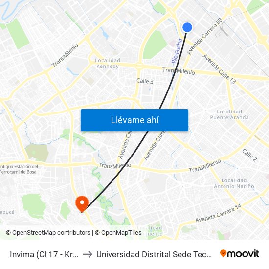 Invima (Cl 17 - Kr 68d) to Universidad Distrital Sede Tecnológica map