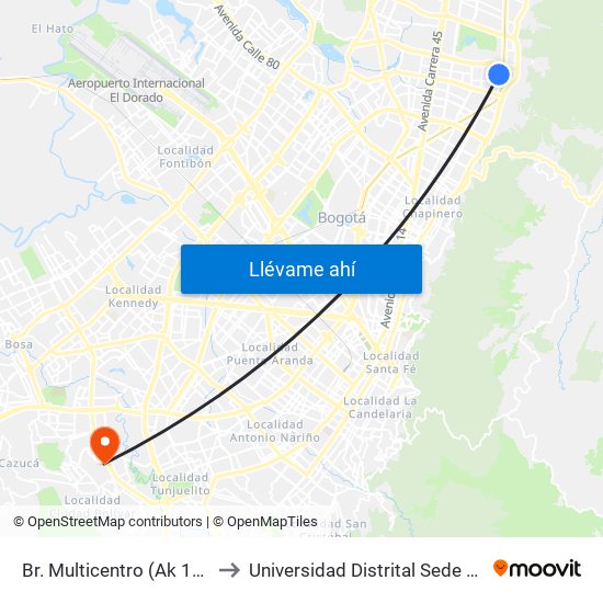 Br. Multicentro (Ak 11 - Cl 123) to Universidad Distrital Sede Tecnológica map