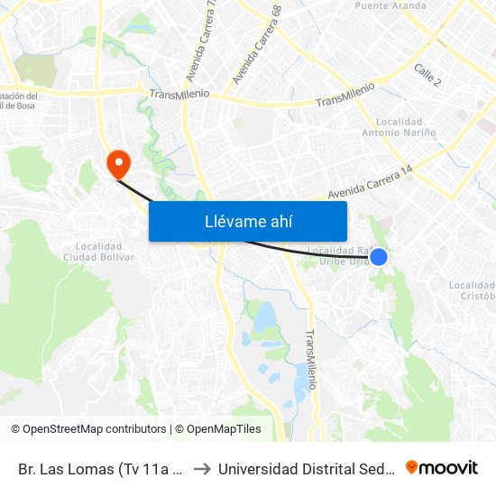 Br. Las Lomas (Tv 11a - Dg 38g Sur) to Universidad Distrital Sede Tecnológica map