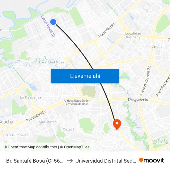 Br. Santafé Bosa (Cl 56f Sur - Kr 98c) to Universidad Distrital Sede Tecnológica map