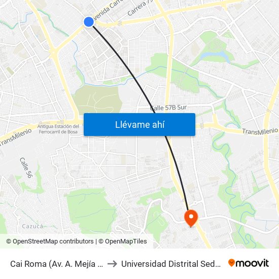 Cai Roma (Av. A. Mejía - Cl 55a Sur) to Universidad Distrital Sede Tecnológica map