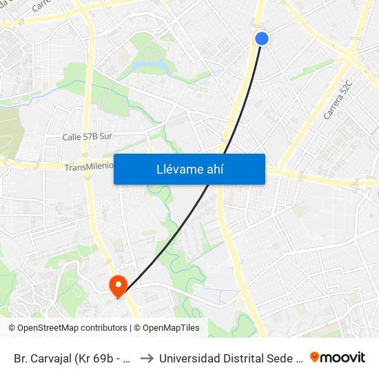 Br. Carvajal (Kr 69b - Cl 37a Sur) to Universidad Distrital Sede Tecnológica map