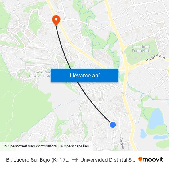 Br. Lucero Sur Bajo (Kr 17m - Cl 66a Sur) (A) to Universidad Distrital Sede Tecnológica map