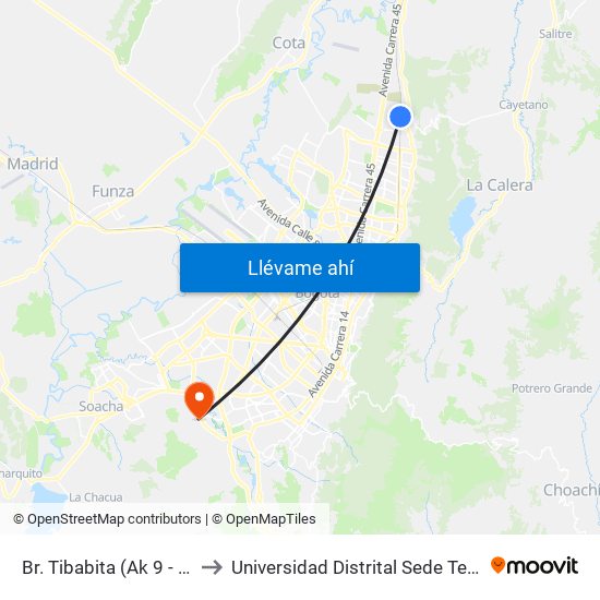 Br. Tibabita (Ak 9 - Cl 193) to Universidad Distrital Sede Tecnológica map