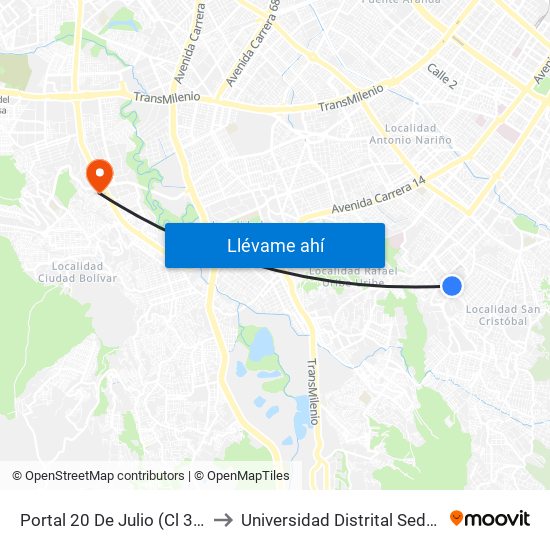 Portal 20 De Julio (Cl 32 Sur - Kr 3f) to Universidad Distrital Sede Tecnológica map