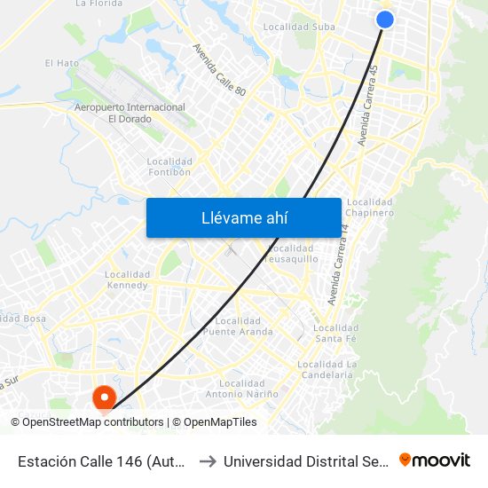 Estación Calle 146 (Auto Norte - Cl 148) to Universidad Distrital Sede Tecnológica map