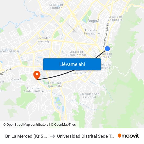 Br. La Merced (Kr 5 - Cl 33a) to Universidad Distrital Sede Tecnológica map