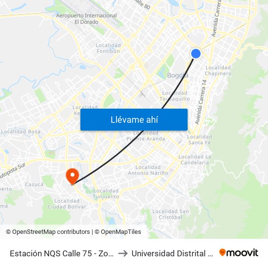 Estación NQS Calle 75 - Zona M (Av NQS - Cl 76) to Universidad Distrital Sede Tecnológica map
