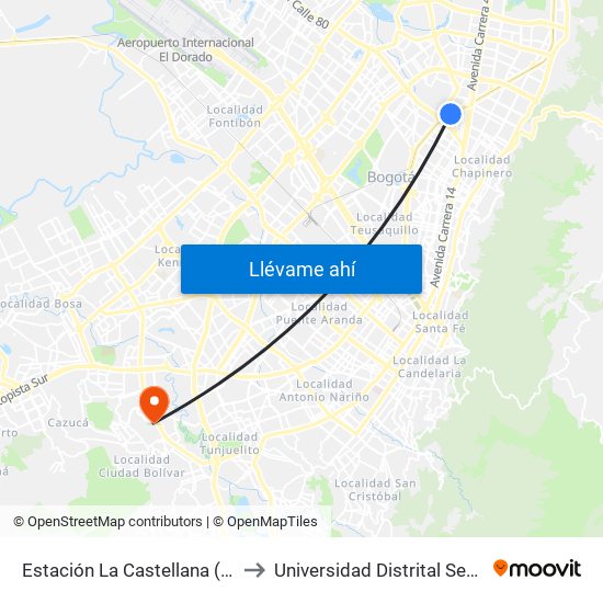 Estación La Castellana (Av NQS - Cl 86) to Universidad Distrital Sede Tecnológica map