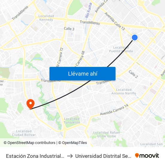 Estación Zona Industrial (Ac 13 - Kr 38) to Universidad Distrital Sede Tecnológica map
