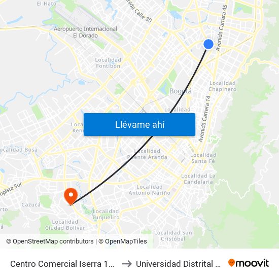 Centro Comercial Iserra 100 (Av. Suba - Cl 98a) to Universidad Distrital Sede Tecnológica map