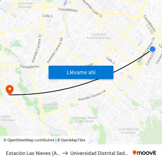 Estación Las Nieves (Ak 10 - Cl 17) to Universidad Distrital Sede Tecnológica map