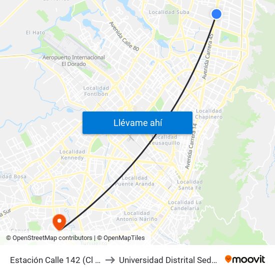 Estación Calle 142 (Cl 145 - Kr 21) to Universidad Distrital Sede Tecnológica map