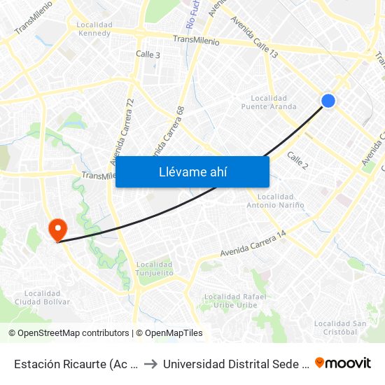 Estación Ricaurte (Ac 13 - Kr 29) to Universidad Distrital Sede Tecnológica map