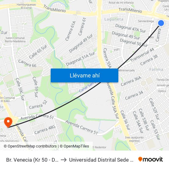 Br. Venecia (Kr 50 - Dg 45 Sur) to Universidad Distrital Sede Tecnológica map