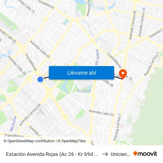 Estación Avenida Rojas (Ac 26 - Kr 69d Bis) (B) to Uniciencia map