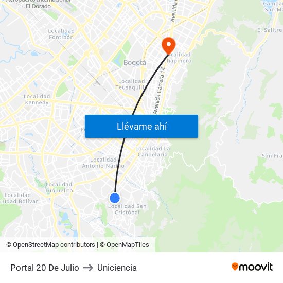 Portal 20 De Julio to Uniciencia map