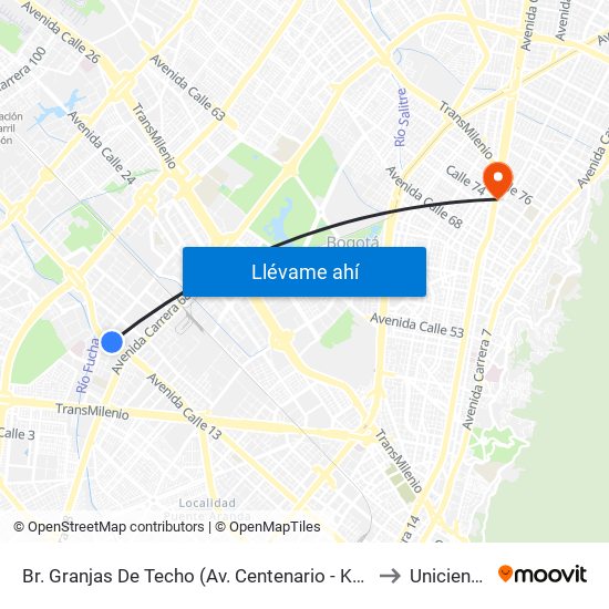 Br. Granjas De Techo (Av. Centenario - Kr 65) to Uniciencia map
