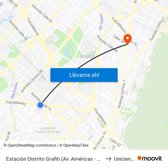 Estación Distrito Grafiti (Av. Américas - Kr 53a) to Uniciencia map