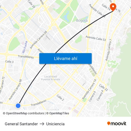 General Santander to Uniciencia map