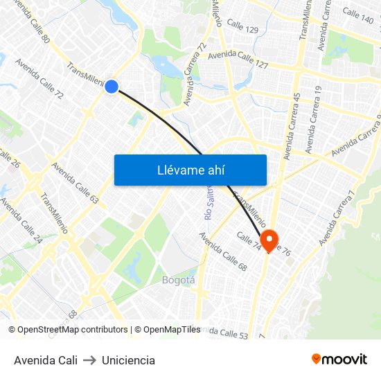 Avenida Cali to Uniciencia map