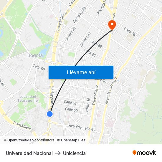 Universidad Nacional to Uniciencia map