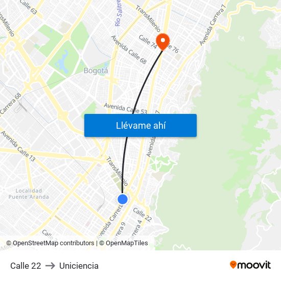 Calle 22 to Uniciencia map