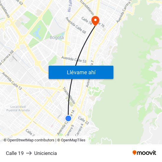 Calle 19 to Uniciencia map