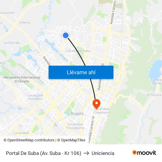 Portal De Suba (Av. Suba - Kr 106) to Uniciencia map