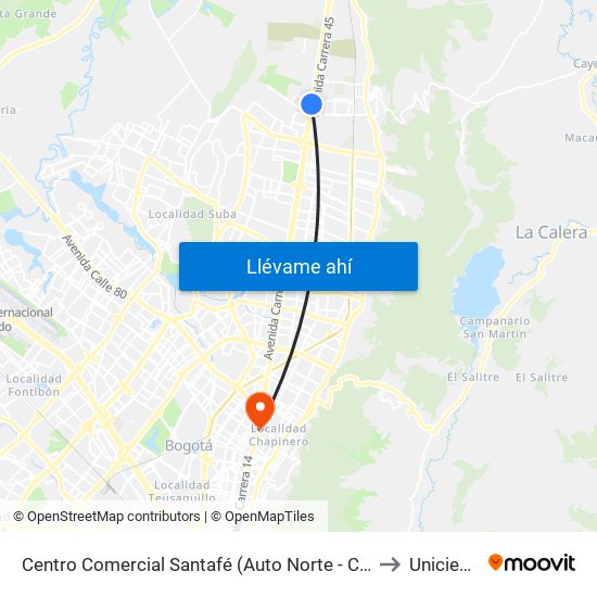 Centro Comercial Santafé (Auto Norte - Cl 187) (B) to Uniciencia map