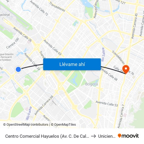 Centro Comercial Hayuelos (Av. C. De Cali - Cl 20) to Uniciencia map