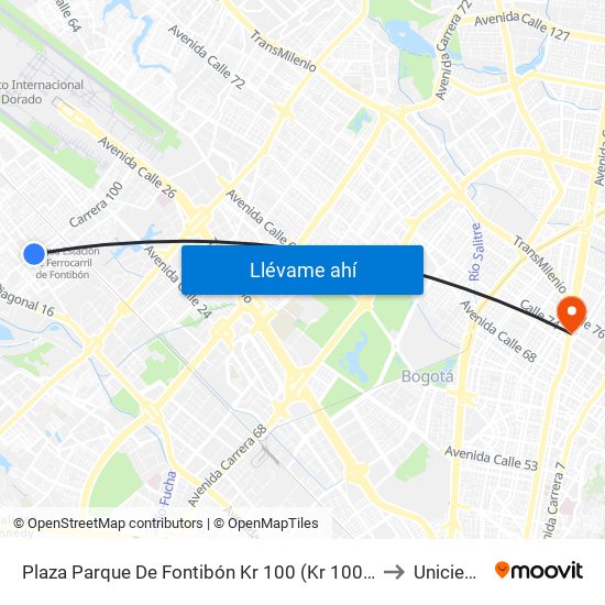 Plaza Parque De Fontibón Kr 100 (Kr 100 - Cl 17a) to Uniciencia map