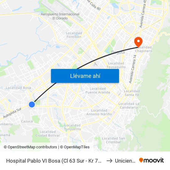 Hospital Pablo VI Bosa (Cl 63 Sur - Kr 77g) (A) to Uniciencia map