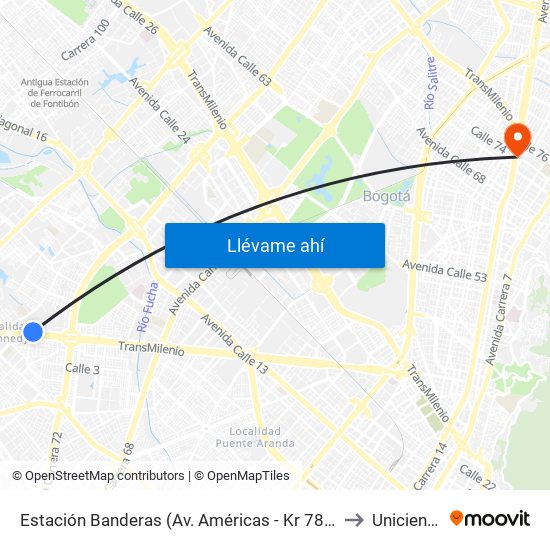 Estación Banderas (Av. Américas - Kr 78a) (A) to Uniciencia map