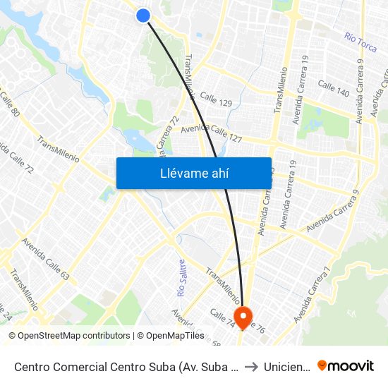 Centro Comercial Centro Suba (Av. Suba - Kr 91) to Uniciencia map