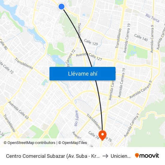 Centro Comercial Subazar (Av. Suba - Kr 91) to Uniciencia map