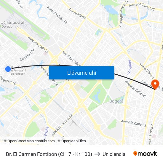 Br. El Carmen Fontibón (Cl 17 - Kr 100) to Uniciencia map