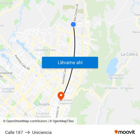 Calle 187 to Uniciencia map