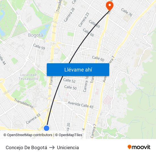 Concejo De Bogotá to Uniciencia map