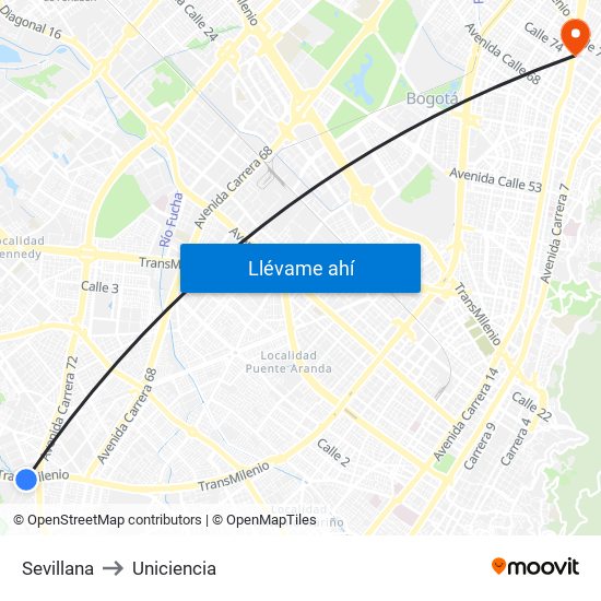 Sevillana to Uniciencia map