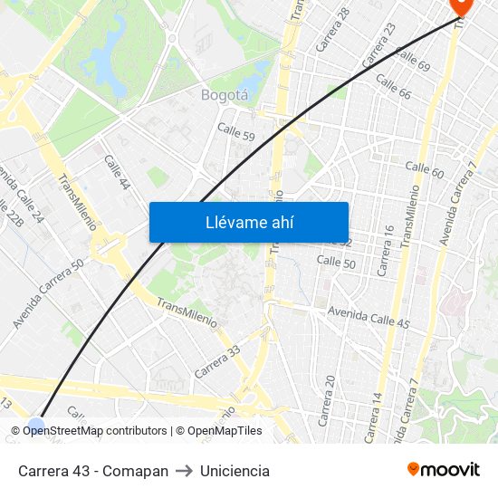 Carrera 43 - Comapan to Uniciencia map