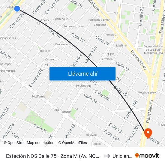 Estación NQS Calle 75 - Zona M (Av. NQS - Cl 75) to Uniciencia map