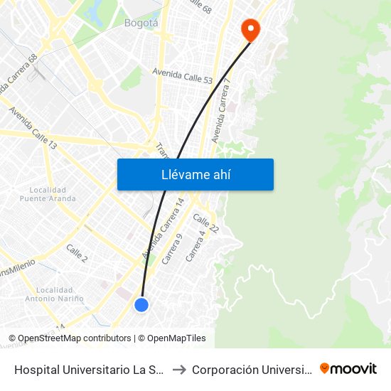 Hospital Universitario La Samaritana (Kr 8 - Cl 0 Sur) to Corporación Universitaria Iberoamericana map