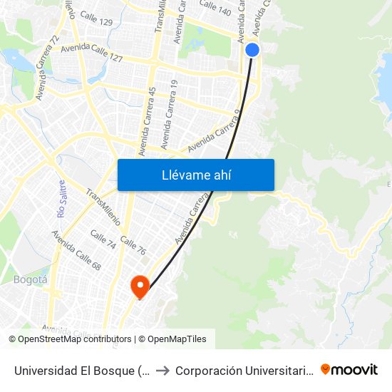 Universidad El Bosque (Kr 7 Bis - Cl 131) to Corporación Universitaria Iberoamericana map
