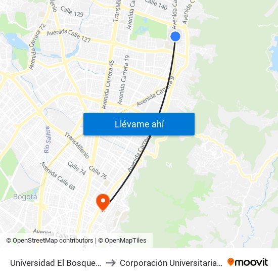Universidad El Bosque (Ak 9 - Cl 129) to Corporación Universitaria Iberoamericana map